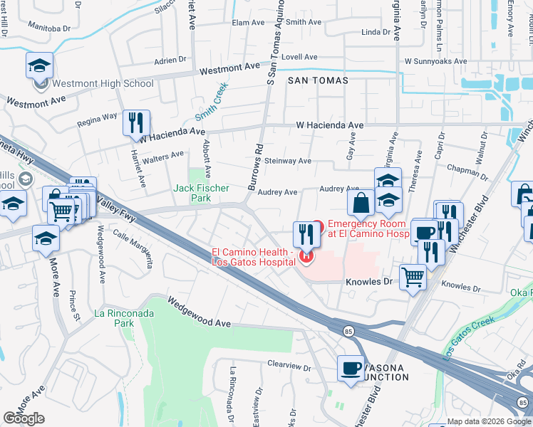 map of restaurants, bars, coffee shops, grocery stores, and more near 1247 Pollard Road in Los Gatos