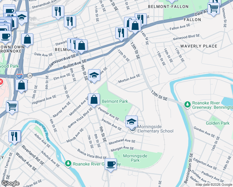 map of restaurants, bars, coffee shops, grocery stores, and more near 1320 Morningside Street Southeast in Roanoke