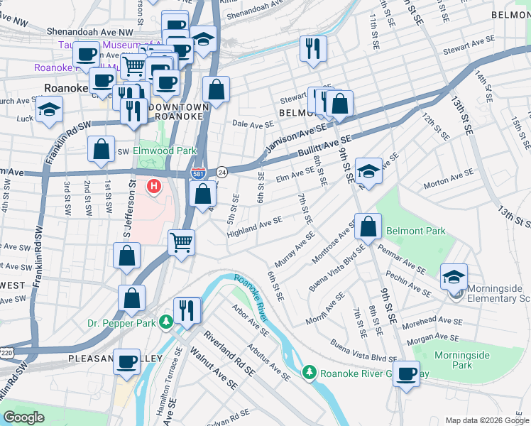 map of restaurants, bars, coffee shops, grocery stores, and more near 917 6th Street Southeast in Roanoke