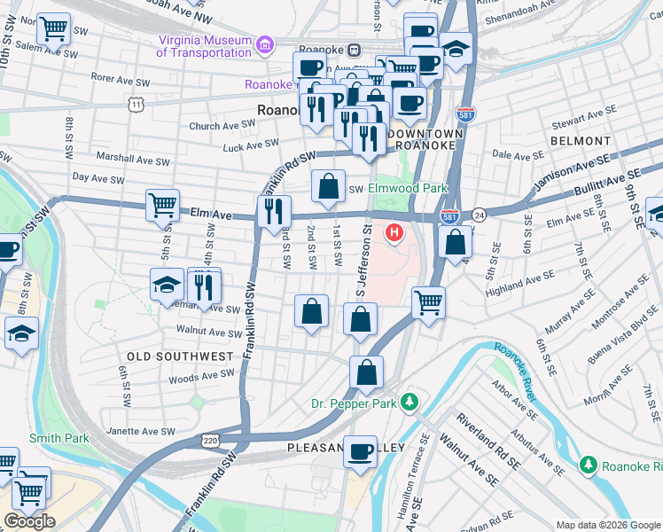 map of restaurants, bars, coffee shops, grocery stores, and more near 1001 1st Street Southwest in Roanoke
