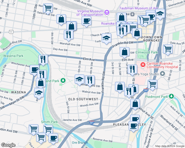 map of restaurants, bars, coffee shops, grocery stores, and more near 377 Washington Avenue Southwest in Roanoke