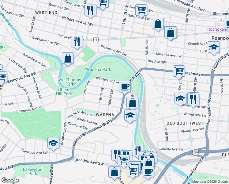 map of restaurants, bars, coffee shops, grocery stores, and more near 1001 Wasena Avenue Southwest in Roanoke