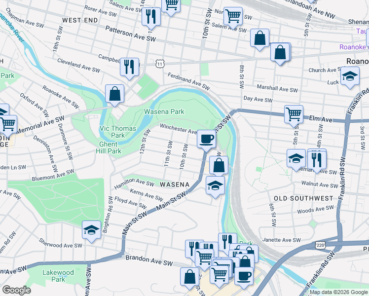 map of restaurants, bars, coffee shops, grocery stores, and more near 1001 Wasena Avenue Southwest in Roanoke