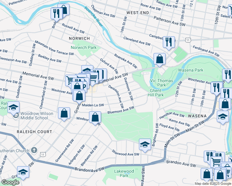 map of restaurants, bars, coffee shops, grocery stores, and more near 1708 Westover Avenue Southwest in Roanoke