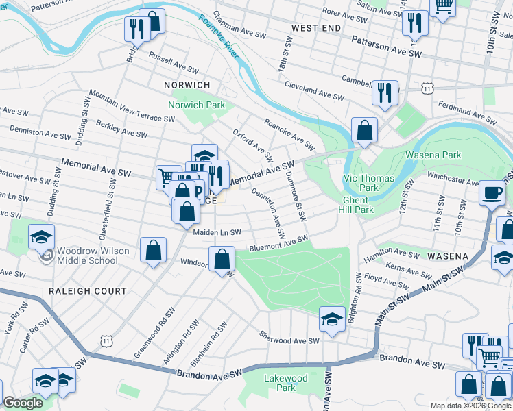 map of restaurants, bars, coffee shops, grocery stores, and more near 1708 Westover Avenue Southwest in Roanoke