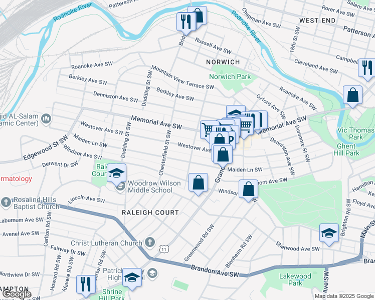 map of restaurants, bars, coffee shops, grocery stores, and more near 2053 Maiden Lane Southwest in Roanoke