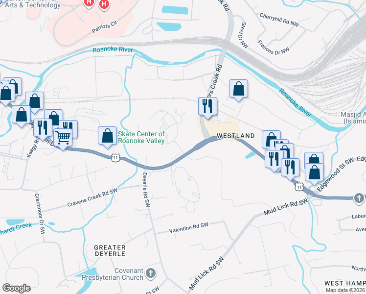 map of restaurants, bars, coffee shops, grocery stores, and more near Stratford Park Drive Southwest in Roanoke