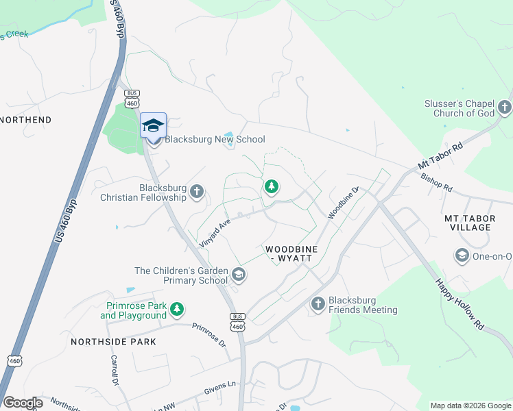 map of restaurants, bars, coffee shops, grocery stores, and more near 261-267 Vinyard Ave in Blacksburg