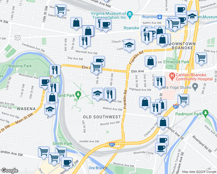 map of restaurants, bars, coffee shops, grocery stores, and more near 406 Highland Avenue Southwest in Roanoke