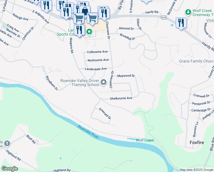 map of restaurants, bars, coffee shops, grocery stores, and more near 939 Blandford Avenue in Vinton