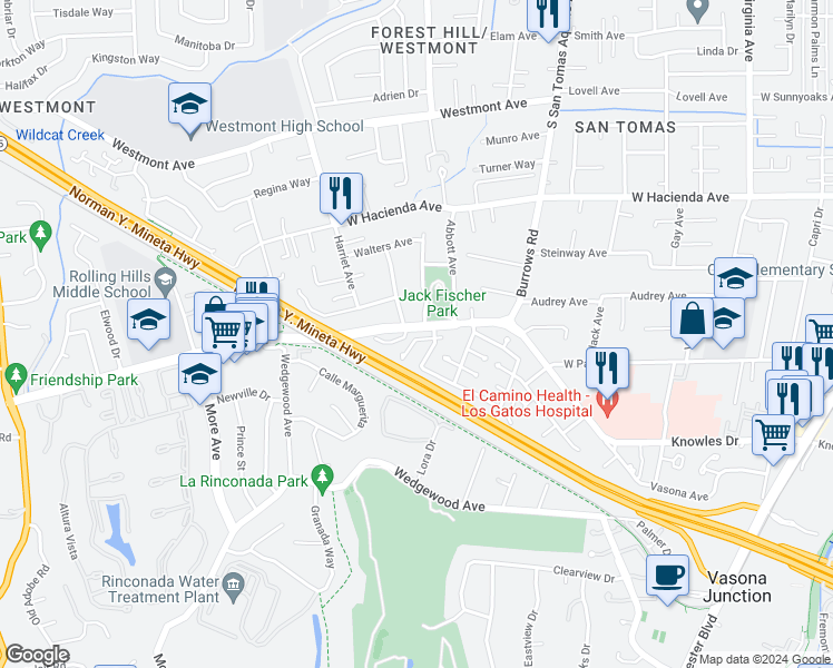 map of restaurants, bars, coffee shops, grocery stores, and more near 215 Elm Wood Court in Los Gatos