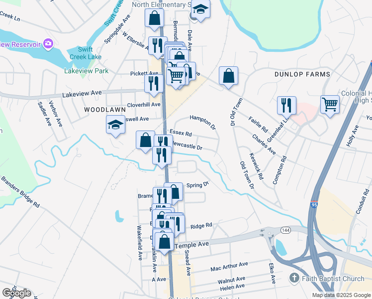 map of restaurants, bars, coffee shops, grocery stores, and more near 107 Newcastle Drive in Colonial Heights