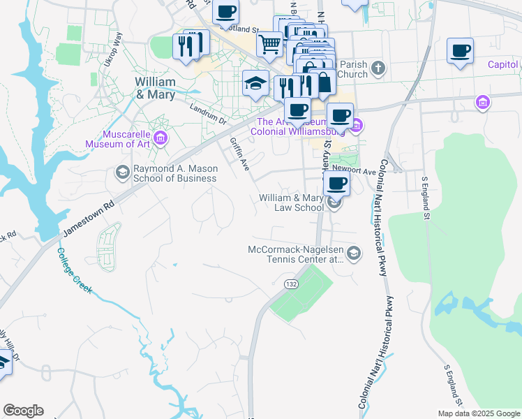 map of restaurants, bars, coffee shops, grocery stores, and more near 413 Idlewood Lane in Williamsburg