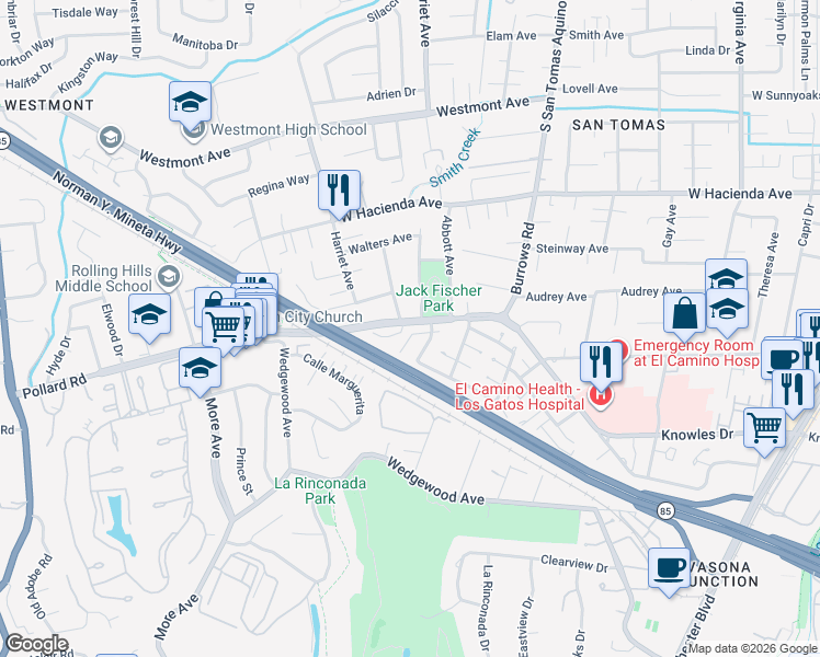 map of restaurants, bars, coffee shops, grocery stores, and more near 215 Elm Wood Court in Los Gatos