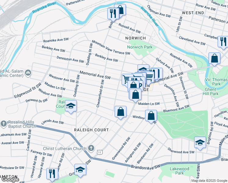 map of restaurants, bars, coffee shops, grocery stores, and more near 2053 Maiden Lane Southwest in Roanoke