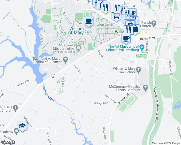 map of restaurants, bars, coffee shops, grocery stores, and more near 307 Indian Springs Road in Williamsburg