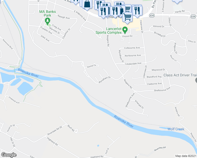 map of restaurants, bars, coffee shops, grocery stores, and more near 105 Cambridge Square in Vinton