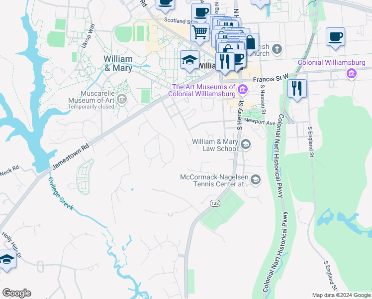 map of restaurants, bars, coffee shops, grocery stores, and more near 406 Idlewood Lane in Williamsburg