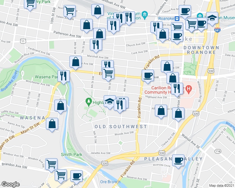 map of restaurants, bars, coffee shops, grocery stores, and more near 418 Highland Avenue Southwest in Roanoke