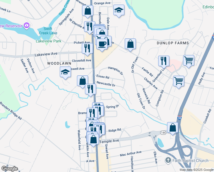 map of restaurants, bars, coffee shops, grocery stores, and more near 127 Newcastle Drive in Colonial Heights