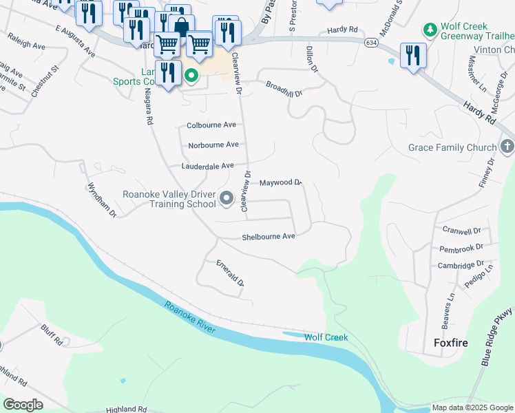 map of restaurants, bars, coffee shops, grocery stores, and more near 1002 Claiborne Ave in Vinton