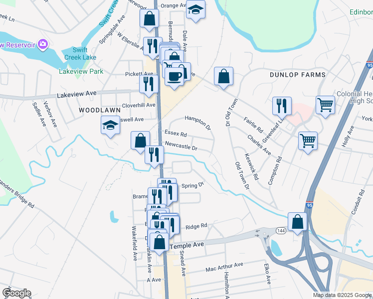 map of restaurants, bars, coffee shops, grocery stores, and more near 212 Valley Road in Colonial Heights