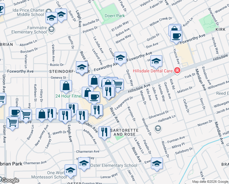 map of restaurants, bars, coffee shops, grocery stores, and more near 1781 Hillsdale Avenue in San Jose