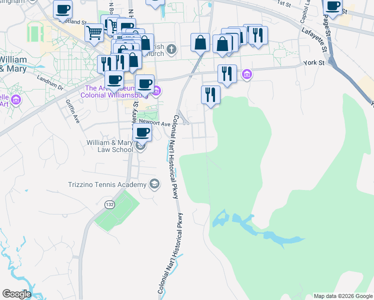 map of restaurants, bars, coffee shops, grocery stores, and more near 528 Tyler Street in Williamsburg