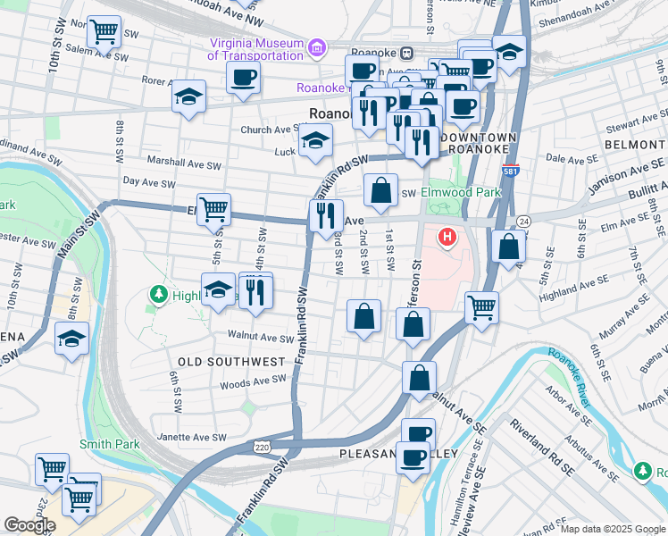 map of restaurants, bars, coffee shops, grocery stores, and more near 300-334 Highland Ave SW in Roanoke