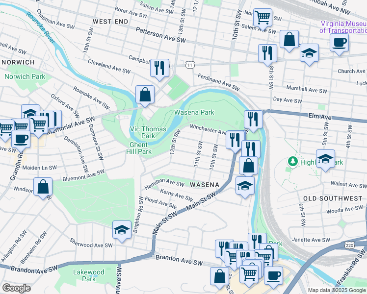 map of restaurants, bars, coffee shops, grocery stores, and more near 1138 Wasena Avenue Southwest in Roanoke