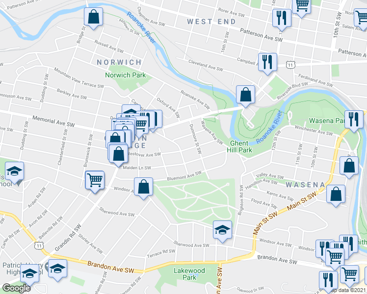 map of restaurants, bars, coffee shops, grocery stores, and more near 1708 Westover Avenue Southwest in Roanoke