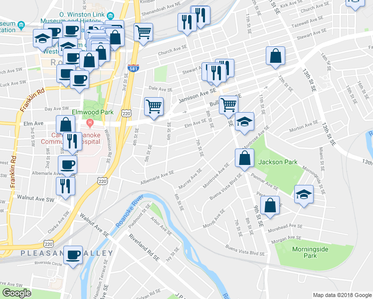 map of restaurants, bars, coffee shops, grocery stores, and more near 642 Highland Avenue Southeast in Roanoke