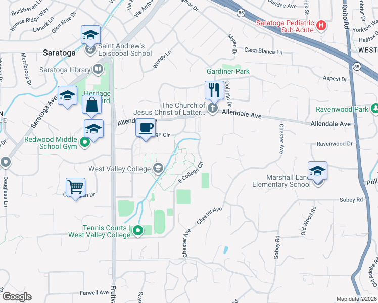 map of restaurants, bars, coffee shops, grocery stores, and more near 14000 Fruitvale Avenue in Saratoga