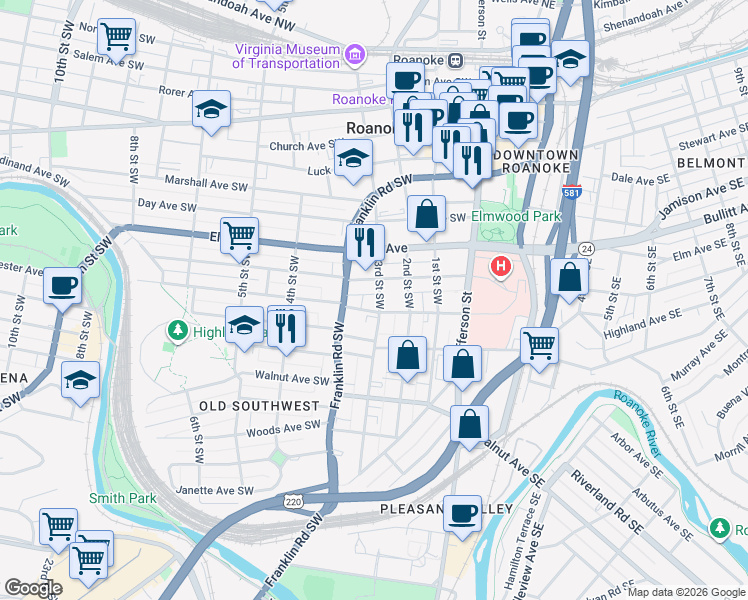 map of restaurants, bars, coffee shops, grocery stores, and more near 300-334 Highland Ave SW in Roanoke