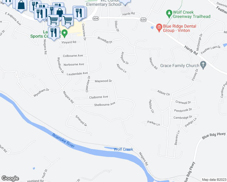 map of restaurants, bars, coffee shops, grocery stores, and more near 1133 Maywood Drive in Vinton