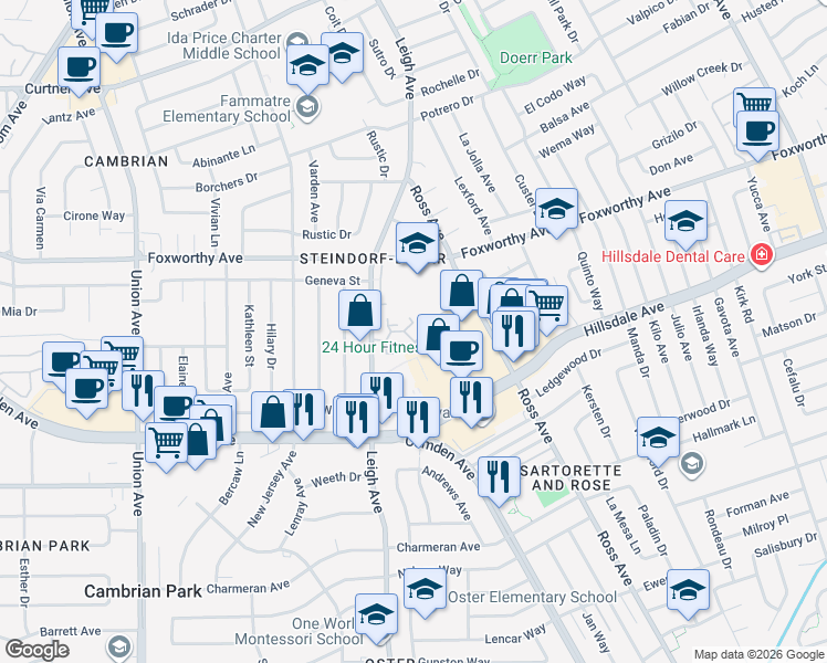 map of restaurants, bars, coffee shops, grocery stores, and more near 3254 Kimber Court in San Jose