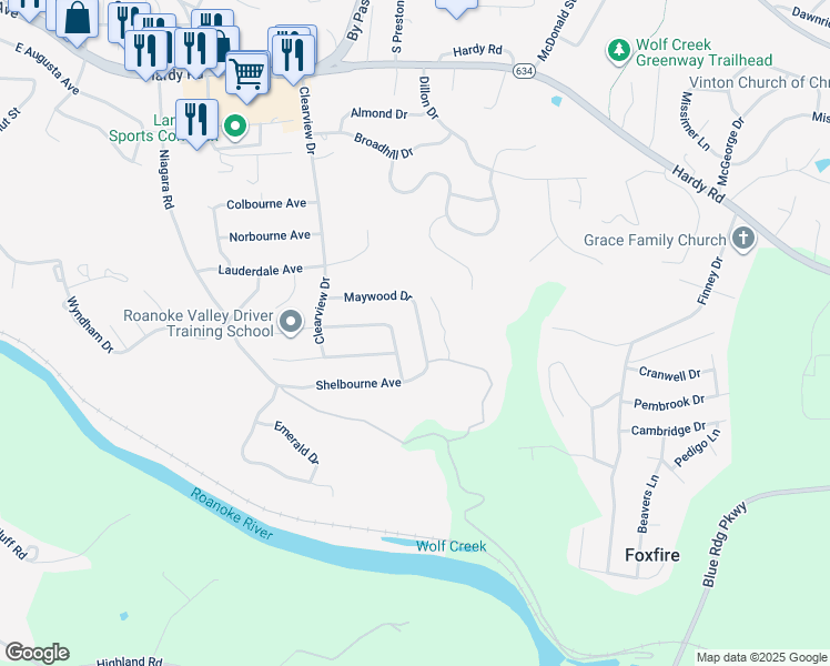 map of restaurants, bars, coffee shops, grocery stores, and more near 1133 Maywood Drive in Vinton