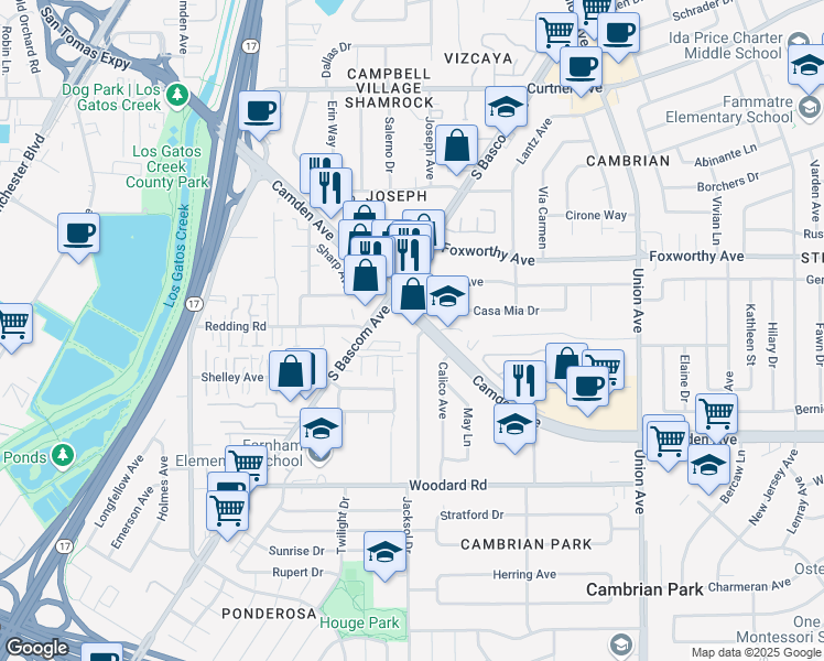 map of restaurants, bars, coffee shops, grocery stores, and more near 3240 South Bascom Avenue in San Jose