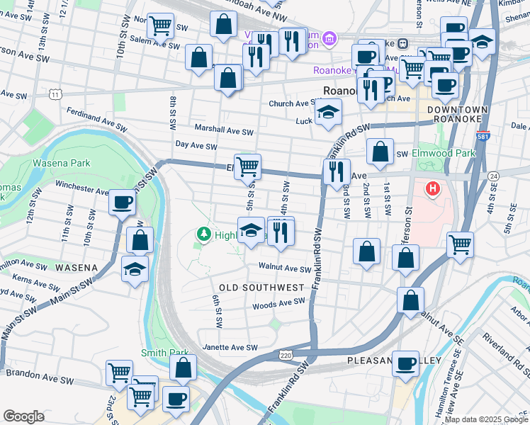 map of restaurants, bars, coffee shops, grocery stores, and more near 424 Highland Avenue Southwest in Roanoke