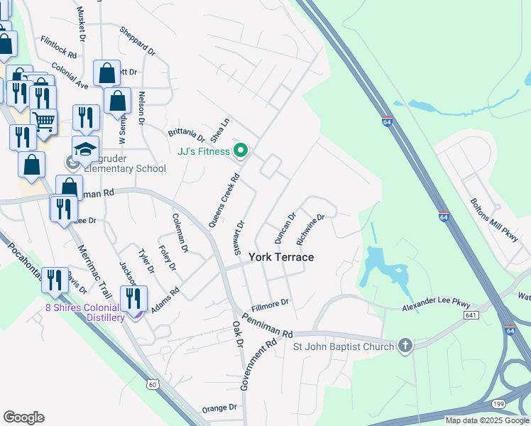 map of restaurants, bars, coffee shops, grocery stores, and more near 1107 Wilkins Drive in Williamsburg
