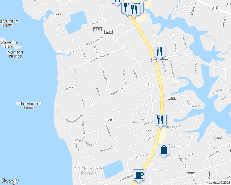 map of restaurants, bars, coffee shops, grocery stores, and more near 7445 Hoefork Lane in Gloucester Point