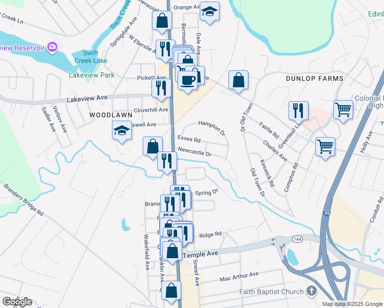 map of restaurants, bars, coffee shops, grocery stores, and more near 202 North Valley Road in Colonial Heights