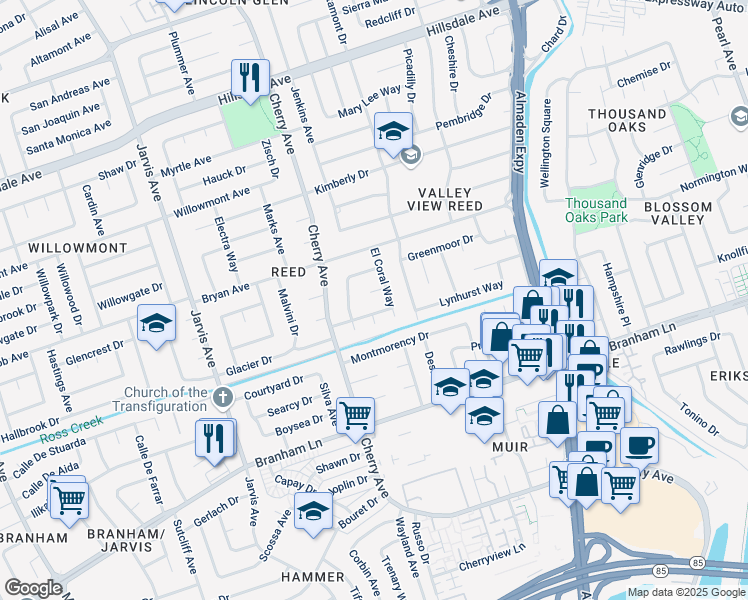 map of restaurants, bars, coffee shops, grocery stores, and more near 4089 El Coral Court in San Jose