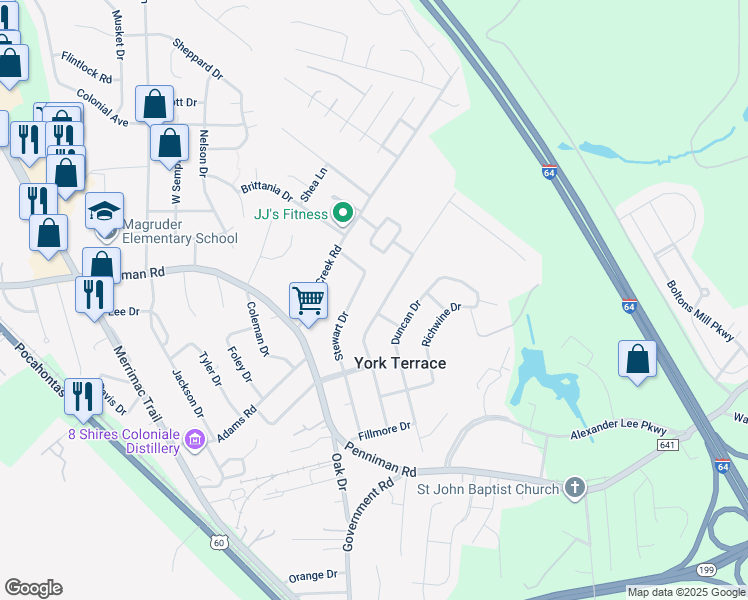 map of restaurants, bars, coffee shops, grocery stores, and more near 1107 Wilkins Drive in Williamsburg
