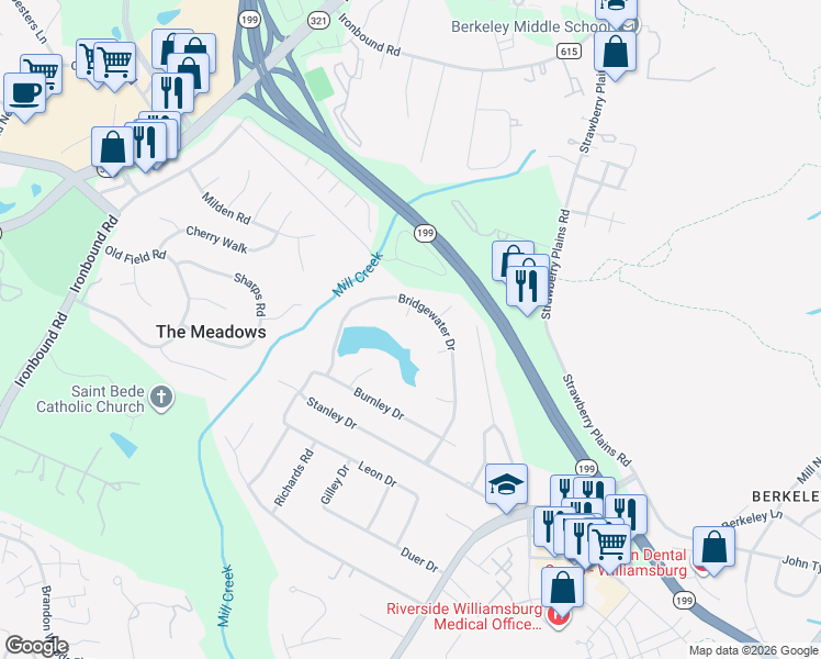 map of restaurants, bars, coffee shops, grocery stores, and more near 4904 Whitehaven Cir in Williamsburg