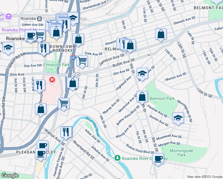 map of restaurants, bars, coffee shops, grocery stores, and more near 654 Highland Avenue Southeast in Roanoke