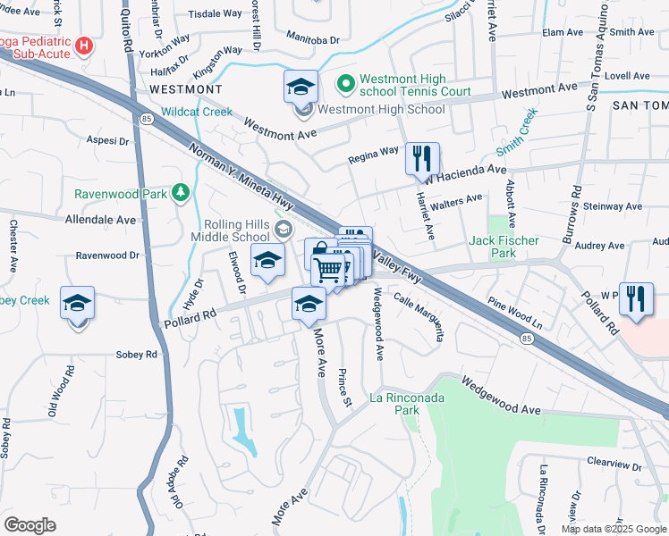 map of restaurants, bars, coffee shops, grocery stores, and more near 1901 La Corona Court in Los Gatos