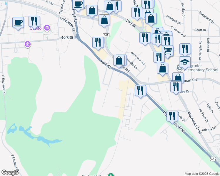 map of restaurants, bars, coffee shops, grocery stores, and more near 405 Pocahontas Street in Williamsburg