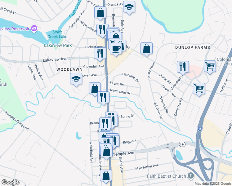 map of restaurants, bars, coffee shops, grocery stores, and more near 202 North Valley Road in Colonial Heights