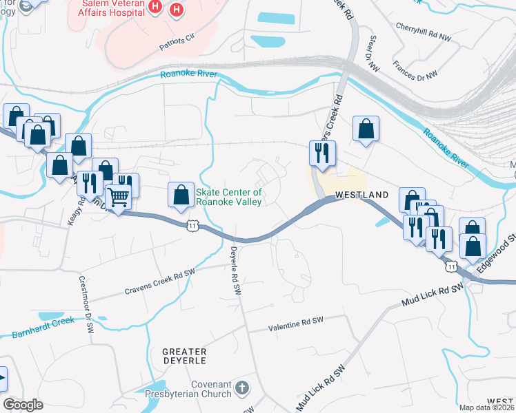 map of restaurants, bars, coffee shops, grocery stores, and more near Stratford Park Drive Southwest in Roanoke